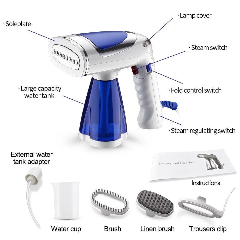 Brosse à vapeur multifonction avec réservoir d'eau, accessoires et guide d'utilisation pour un repassage facile