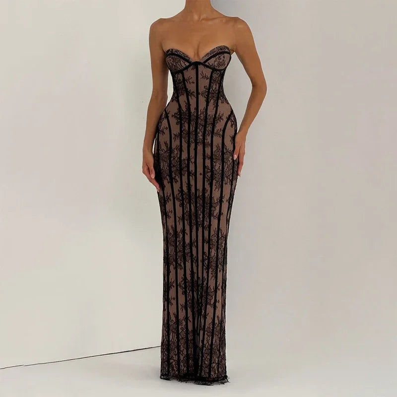 Robe longue chic en gaze sans bretelles, dos nu, épaules dénudées, imprimée, patchwork, slim, pour femme, soirée, 2026