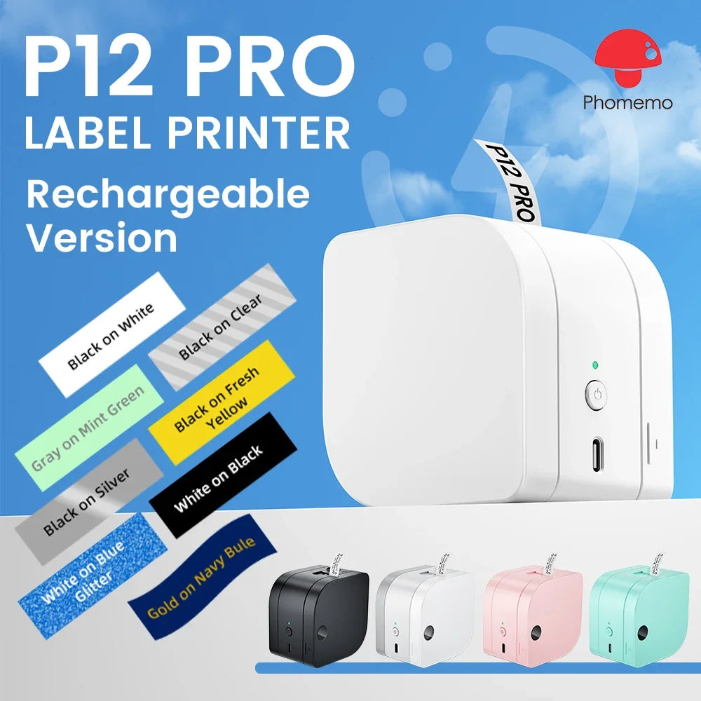 Imprimante d'étiquettes P12 Pro rechargeable, compacte, avec étiquettes multicolores et versions colorées