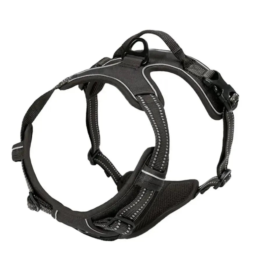 Harnais ajustable pour chien noir avec bandes réfléchissantes, confortable et sécurisé pour promenade