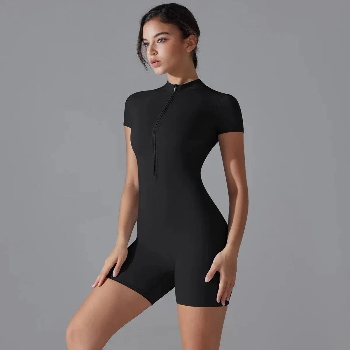 Combinaison de Yoga pour femmes, combinaison d'été avec fermeture éclair, short à manches courtes, combinaison de yoga, danse, fitness, combinaison de sport ajustée