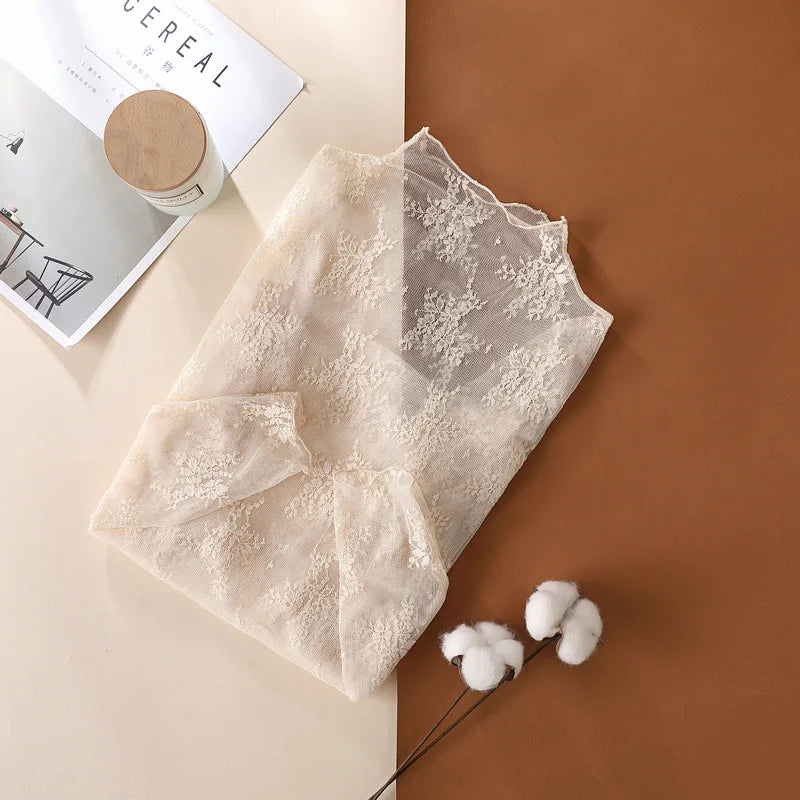 T-Shirts en maille pour femmes, chemisier en dentelle transparente, manches longues, hauts transparents pour femmes, chemise à bascule, T-Shirts transparents, haut court