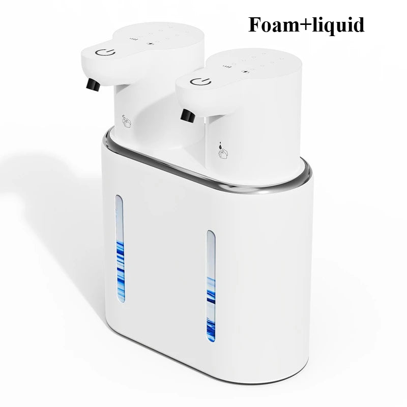 Distributeur automatique mousse et liquide sans contact, design moderne blanc, idéal pour salle de bain ou cuisine