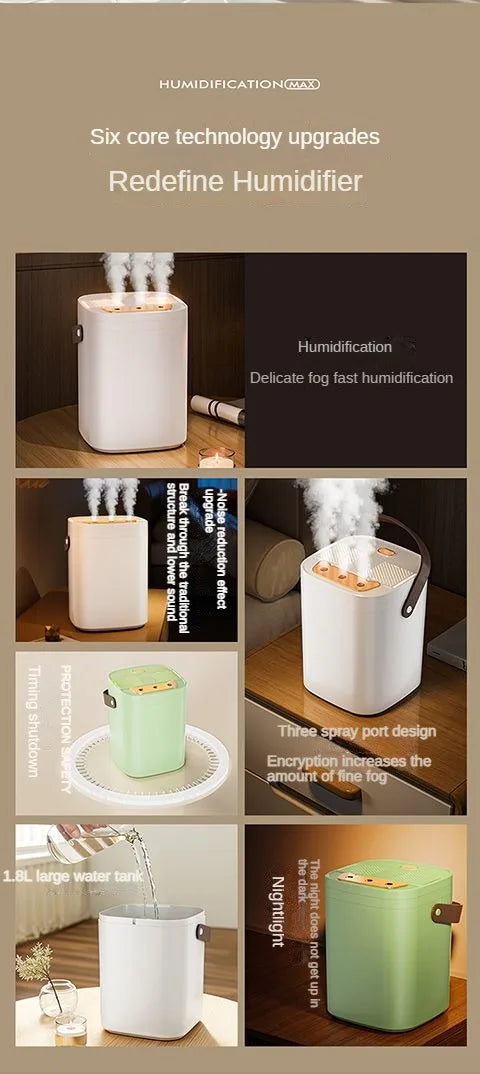 Humidificateur à trois buses 1,8 l, vaporisateur d'aromathérapie de grande capacité, diffuseur d'huile essentielle, veilleuse domestique, humidificateur d'air
