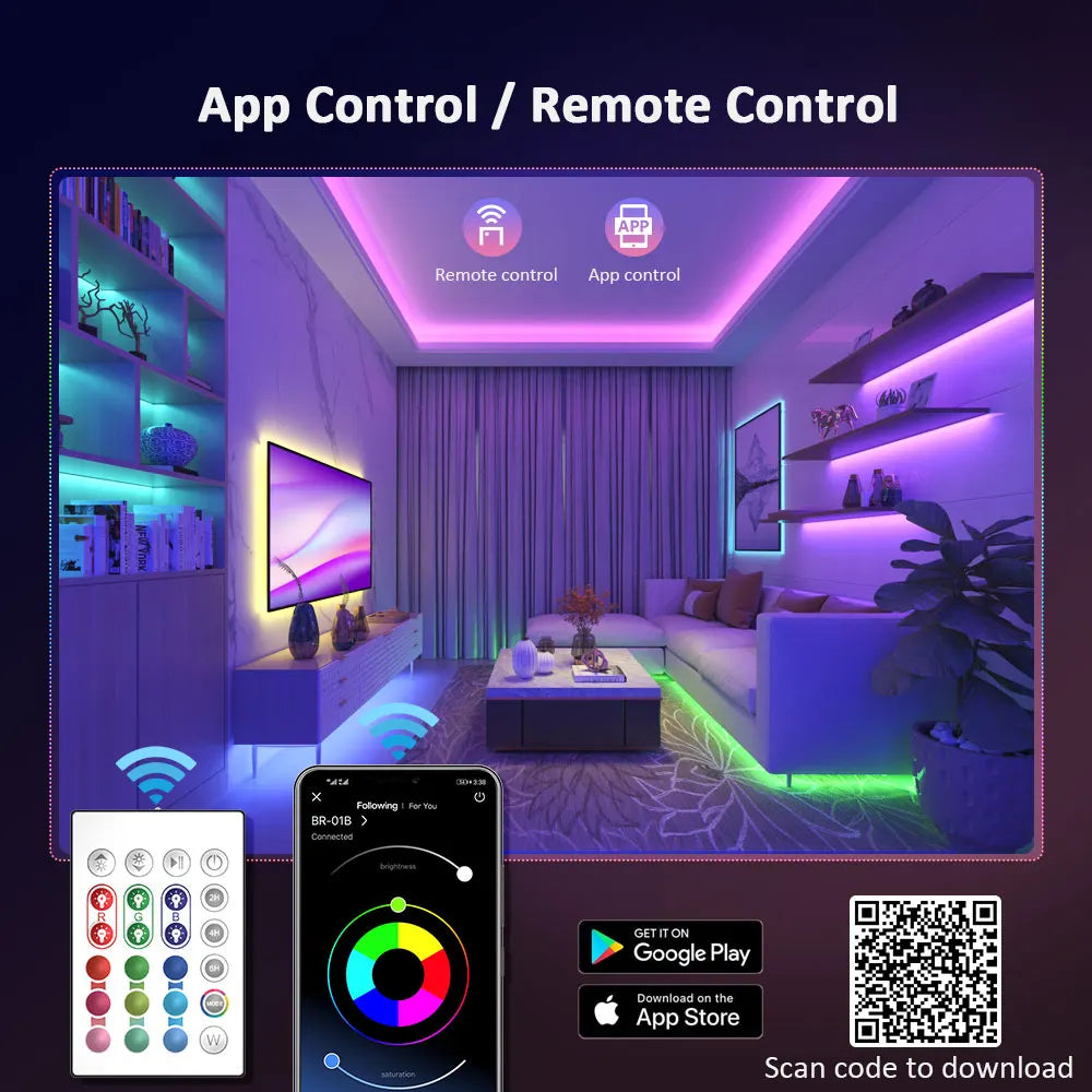 Bande LED RGB contrôlable par appli et télécommande, éclairage d'ambiance pour salon, lumière colorée et réglable