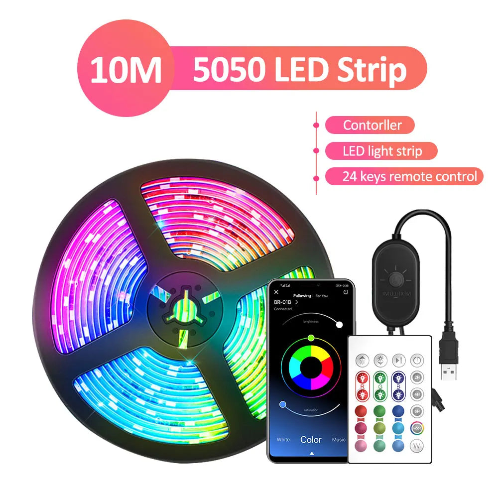 Ruban LED 5050 RGB 10m avec télécommande 24 touches et contrôle via smartphone, éclairage coloré pour intérieur