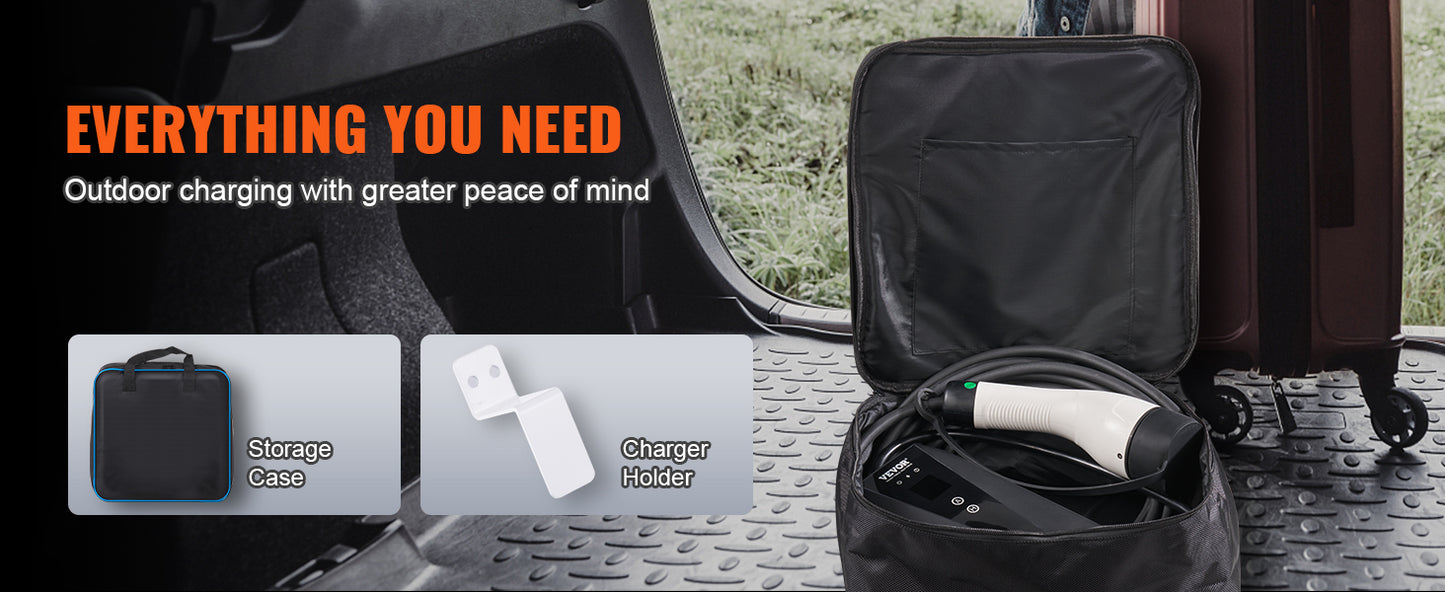 Chargeur portable pour voiture électrique avec étui de rangement et support, idéal pour voyages et usage extérieur