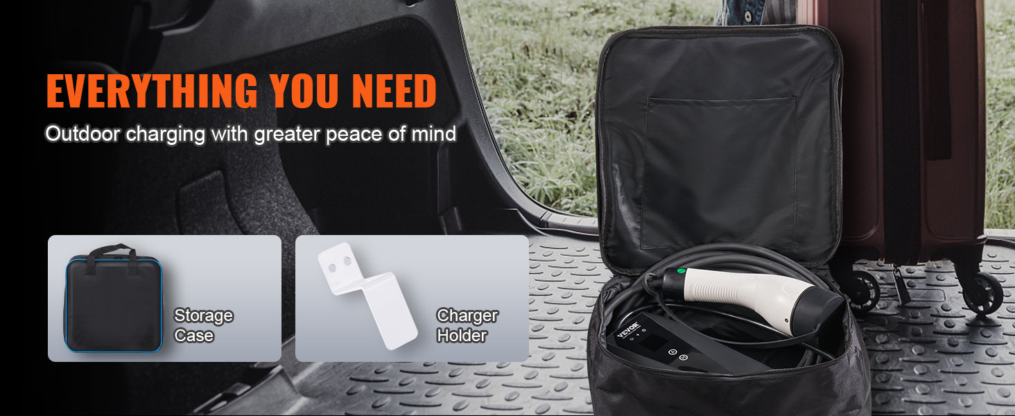 Chargeur portable pour voiture électrique avec étui de rangement et support, idéal pour voyages et usage extérieur