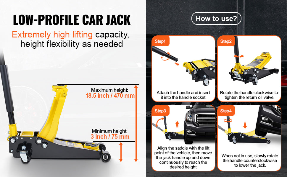 Jack de voiture profil bas jaune, capacité de levage élevée, 470 mm max, guide d'utilisation étape par étape