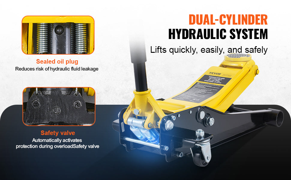 Jack hydraulique jaune à double cylindre avec système de sécurité et bouchon huile étanche