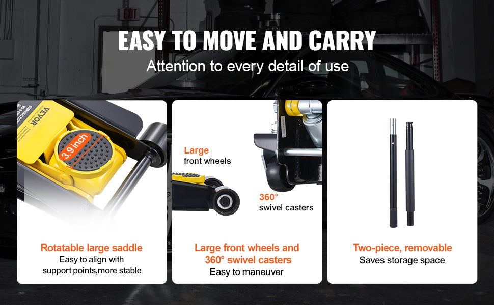 Jack automobile jaune avec selle rotative, roues avant larges et roulettes pivotantes 360° pour maniabilité optimale