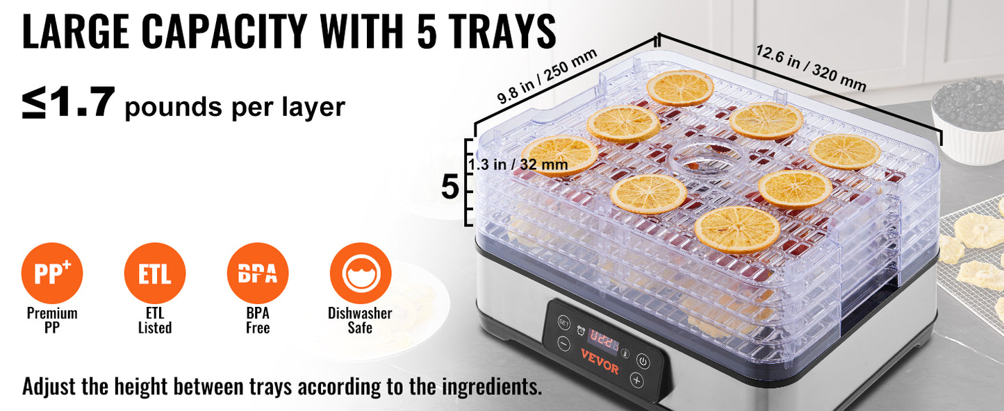 SucceBuy – déshydrateur alimentaire électrique à 5 plateaux, 300W, en acier inoxydable, avec minuterie et température réglables numériques