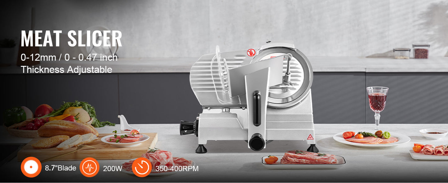 VEVOR Trancheuse Électrique Commerciale 200 W Trancheuse à Jambon Lame 203 mm 350-400 tr/min Trancheuse Charcuterie en Acier Inoxydable et Alu pour Couper en Tranches Viande Fromage Légumes Fruits