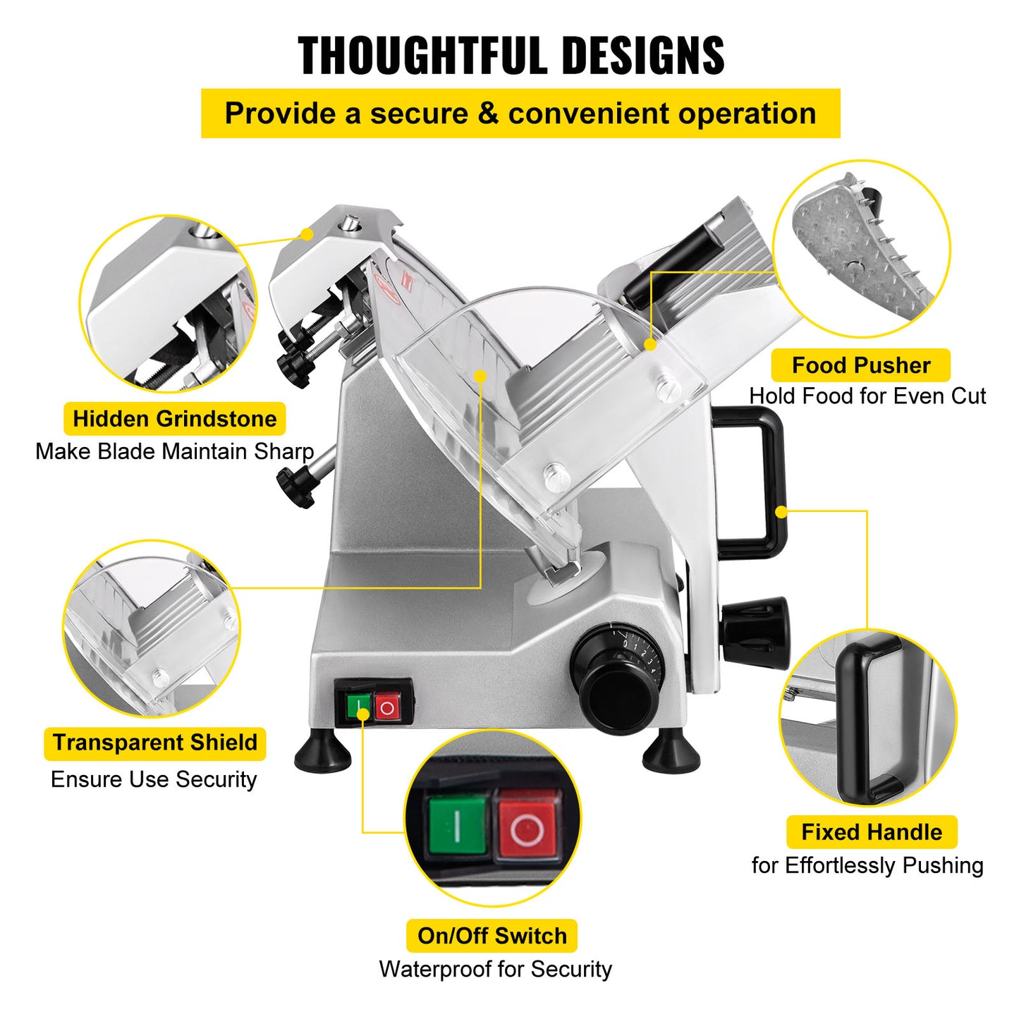 VEVOR Trancheuse Électrique Commerciale 200 W Trancheuse à Jambon Lame 203 mm 350-400 tr/min Trancheuse Charcuterie en Acier Inoxydable et Alu pour Couper en Tranches Viande Fromage Légumes Fruits