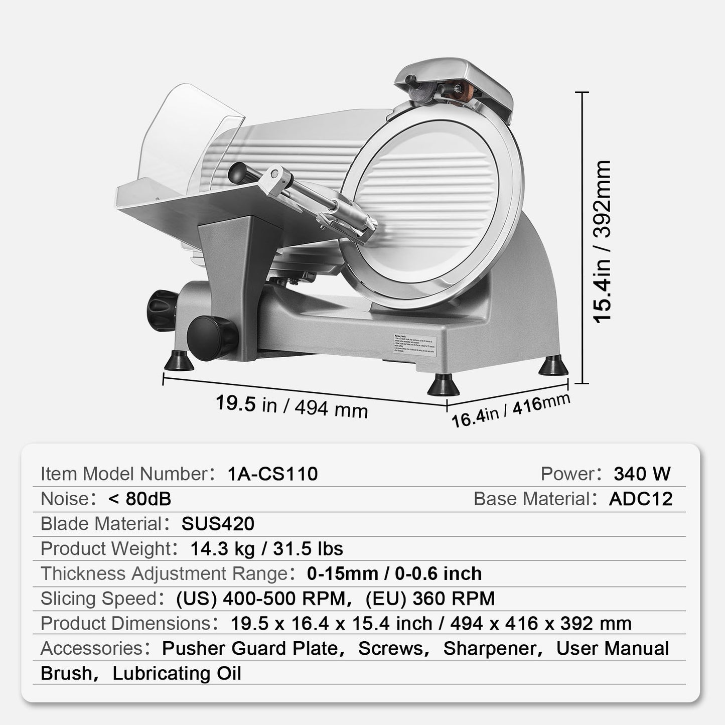 VEVOR Trancheuse Électrique Commerciale 200 W Trancheuse à Jambon Lame 203 mm 350-400 tr/min Trancheuse Charcuterie en Acier Inoxydable et Alu pour Couper en Tranches Viande Fromage Légumes Fruits