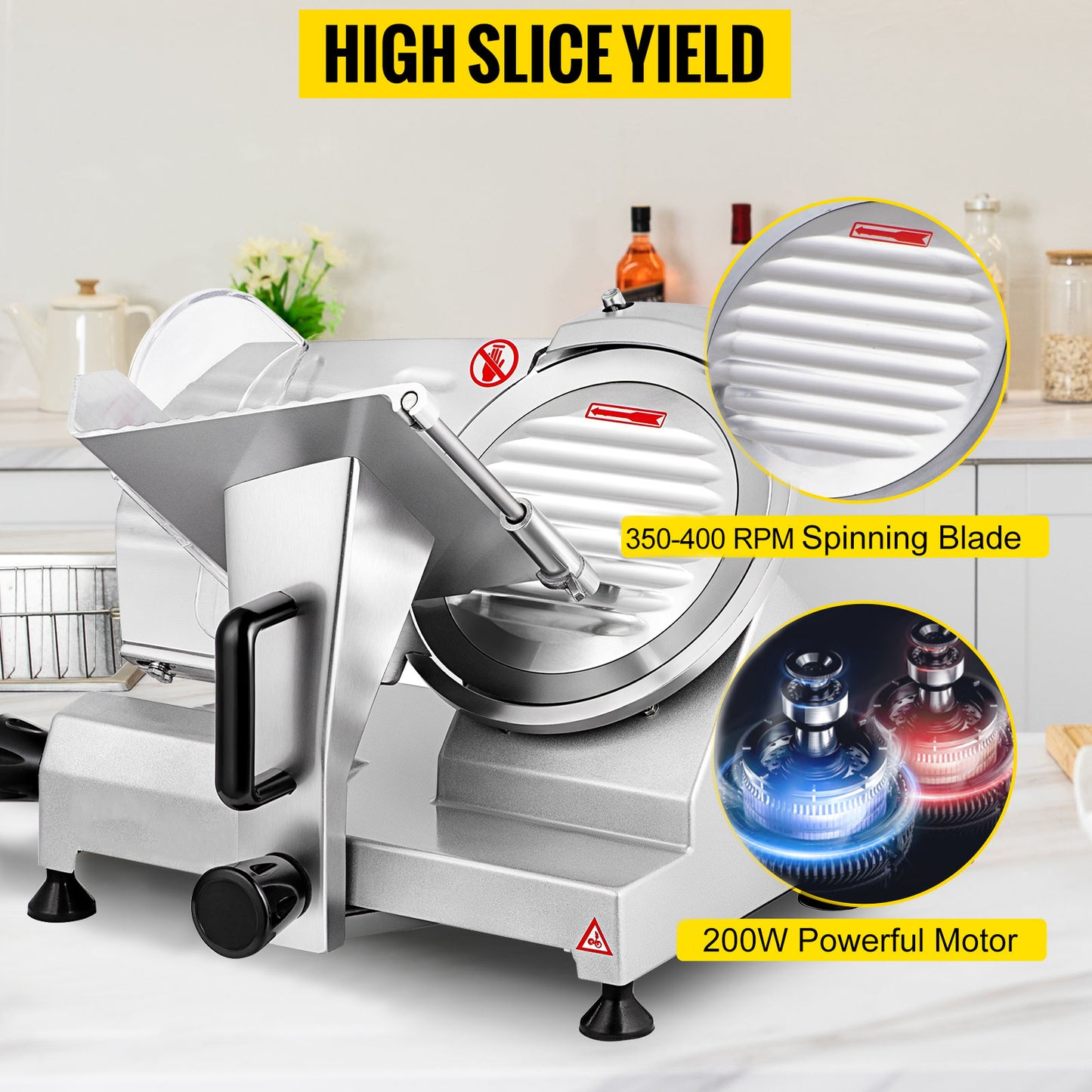 VEVOR Trancheuse Électrique Commerciale 200 W Trancheuse à Jambon Lame 203 mm 350-400 tr/min Trancheuse Charcuterie en Acier Inoxydable et Alu pour Couper en Tranches Viande Fromage Légumes Fruits