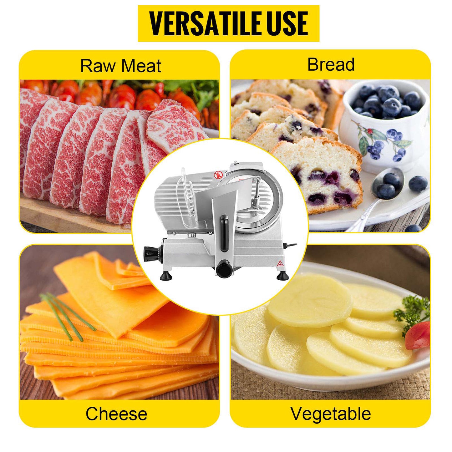 VEVOR Trancheuse Électrique Commerciale 200 W Trancheuse à Jambon Lame 203 mm 350-400 tr/min Trancheuse Charcuterie en Acier Inoxydable et Alu pour Couper en Tranches Viande Fromage Légumes Fruits