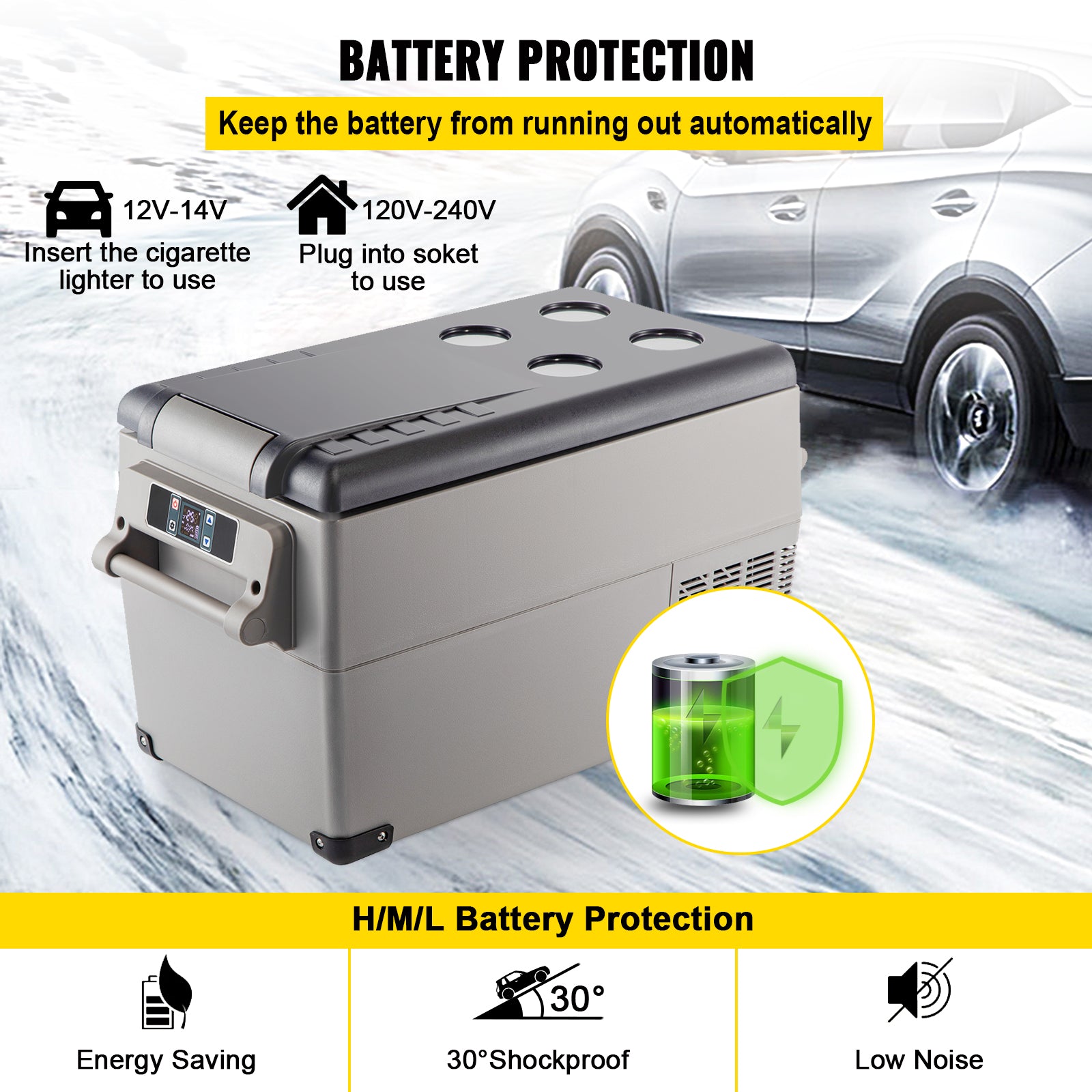 Mini réfrigérateur portable 12V/240V avec protection batterie, économe en énergie, anti-choc 30°, faible bruit