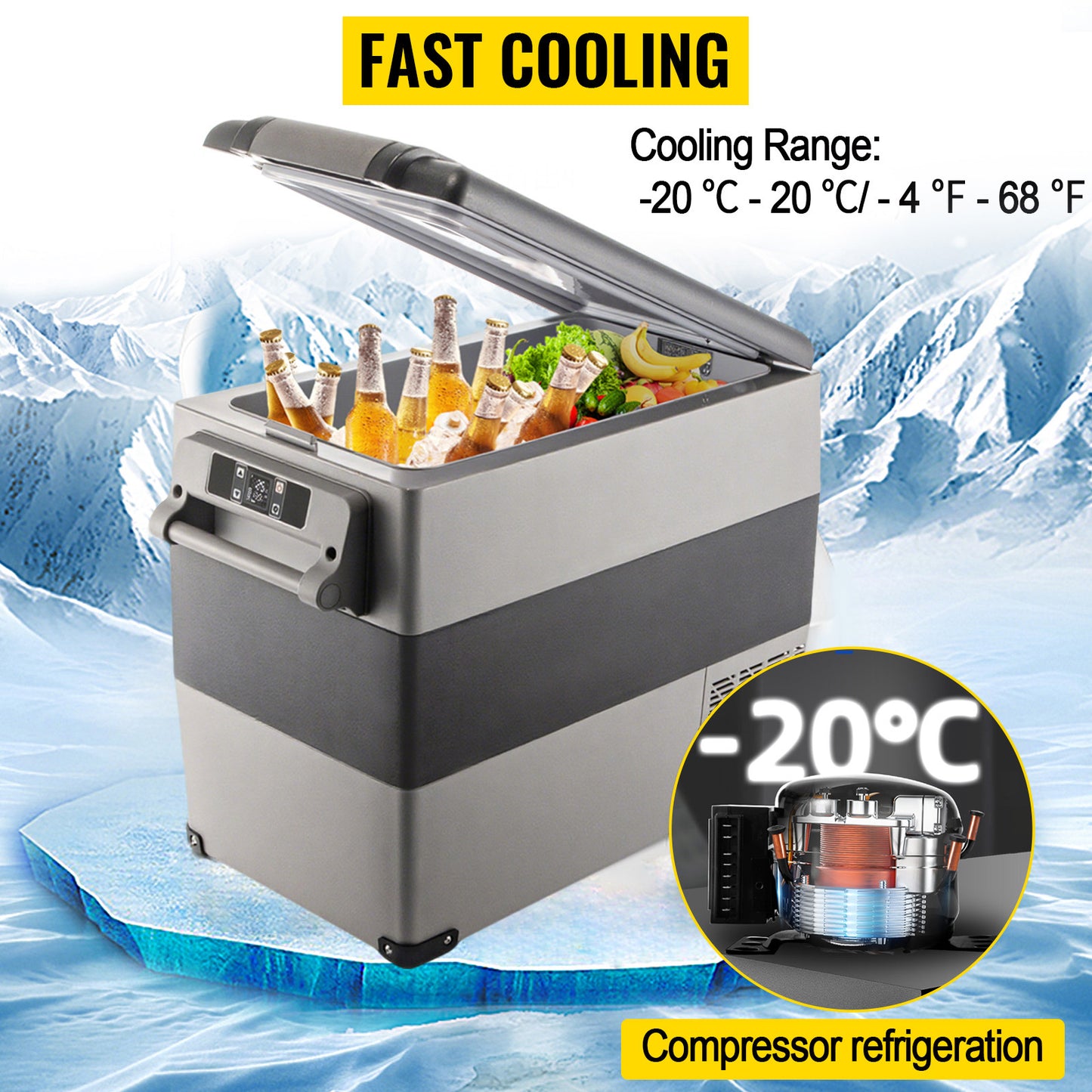 Congélateur portable à compresseur avec refroidissement rapide -20°C, idéal pour boissons et aliments en extérieur