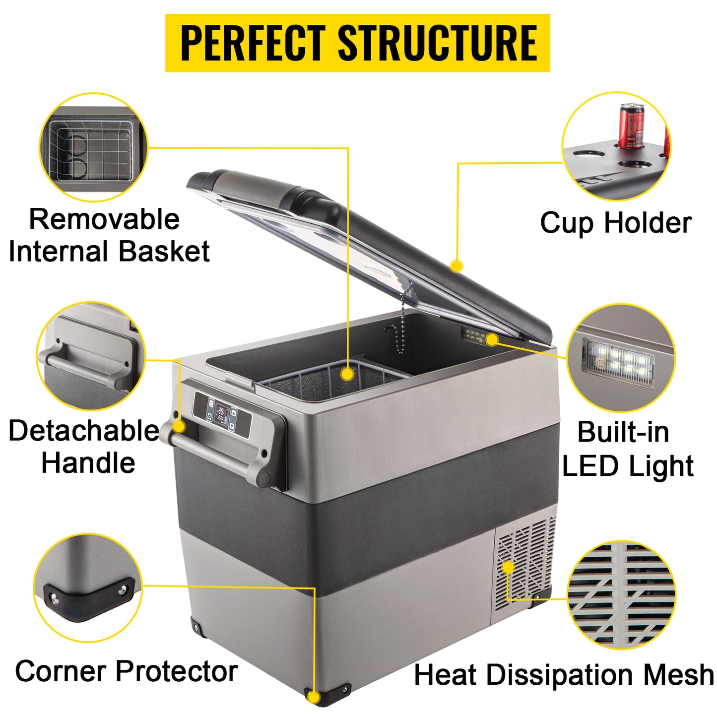 Congélateur portable avec panier amovible, porte-gobelets, poignée détachable, lumière LED et grille de dissipation thermique
