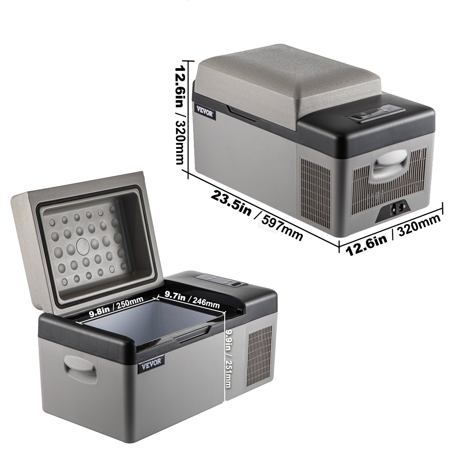 Mini réfrigérateur portable VEVO® 23,5 pouces, compact pour voiture ou camping, dimensions détaillées