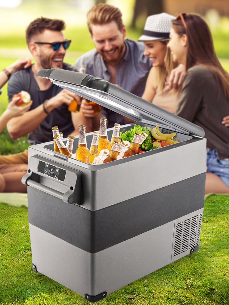 Congélateur portable pour pique-nique avec bières et légumes, idéal pour sorties en plein air