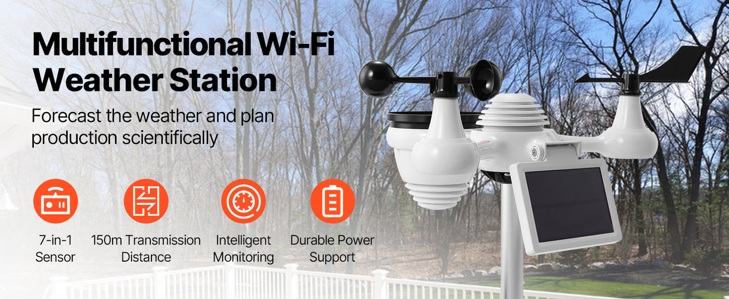 Station météo Wi-Fi 7-en-1 SucceBuy avec écran couleur de 7,5 pouces + capteur extérieur solaire sans fil, alertes de température et d'humidité